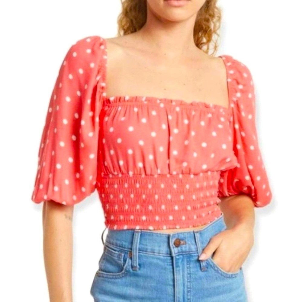 Revolve AFRM NWT Coral Pink Polka Dot Ruched Top in Sz Small